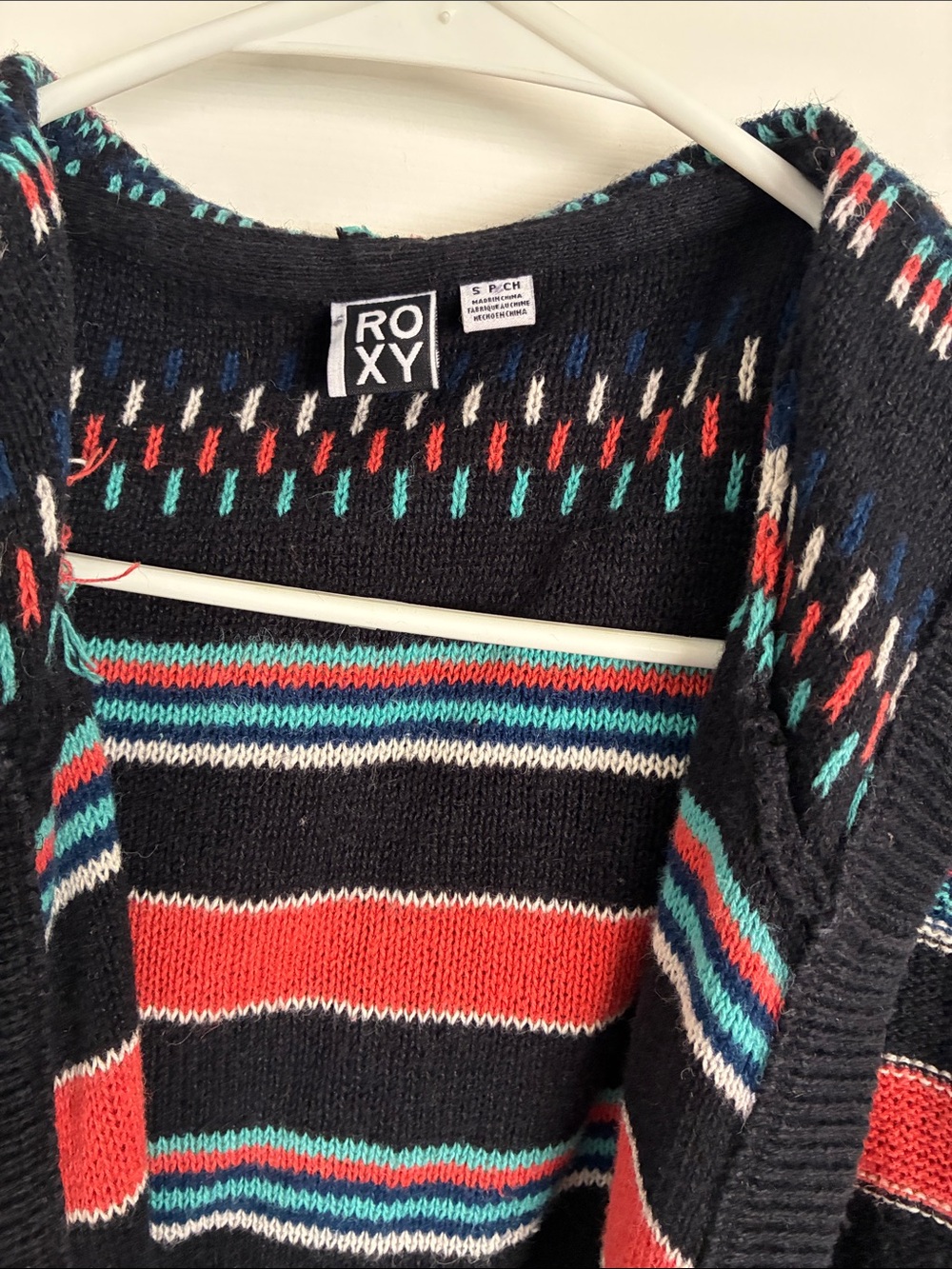 Roxy Black Knit Cardigan with Red, Teal & White Stripes